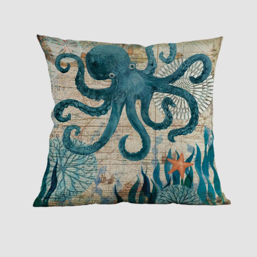 Blue Ocean Whale Turtles Sofa Decorative Pillow Case Water Color Octopus Little Fish Cotton Linen Chair Cushion Cover Cojines