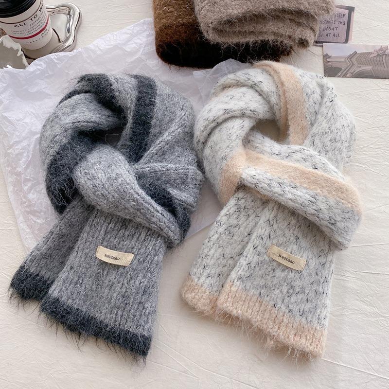 Wool color matching knitted small scarf women's winter warm student versatile wool couple scarf