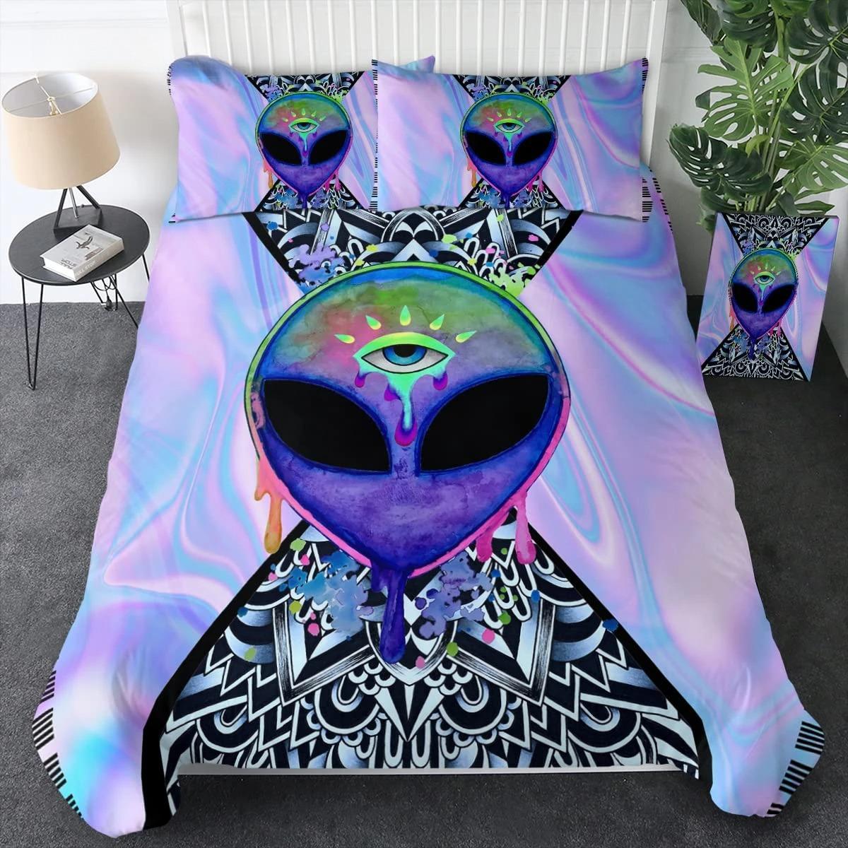 

Trippy Alien Duvet Cover Set Queen Alien Skull Bedding Set Psychedelic Space Watercolor Colorful Queen Size Bedspread Alien Gift 70x133cm