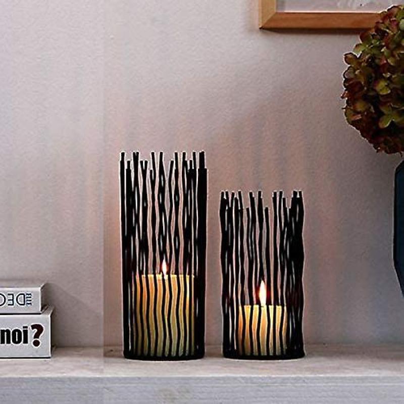 Set of 2 Metal Column Candle Holders, LED Flameless Electronic Black Table Candle Holders, Metal Can