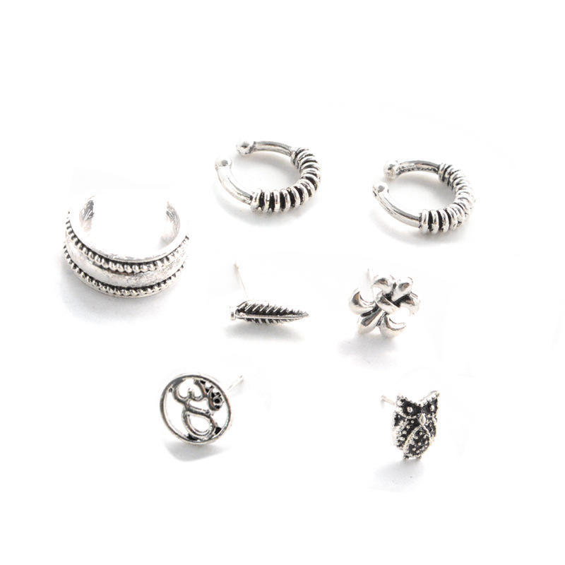 Stud Earrings Bohemian Retro Anchor Leaf Owl Set Earrings Seven-Piece Set Earrings