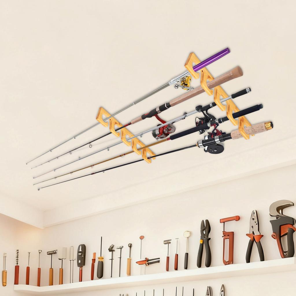 2 Sets Wood Fishing Rod Holder Wall Mounted Fishing Poles Rack Holds Up to 10 Rods for Garage Wall Ceiling Rod Display Rack Tool