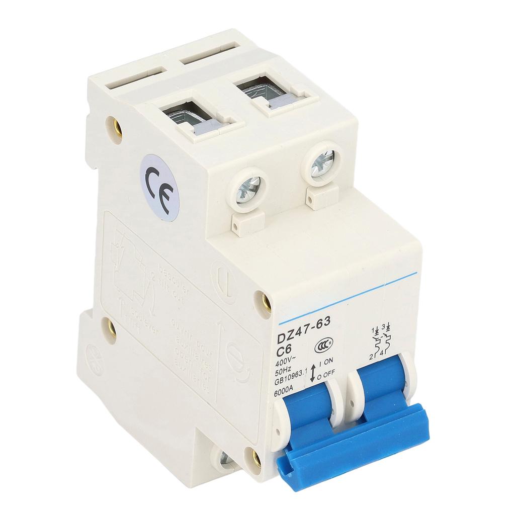 Circuit Breaker Mini 2P MCB DIN Rail Mount 6000A Breaking Capacity 400V 6A for Home Office