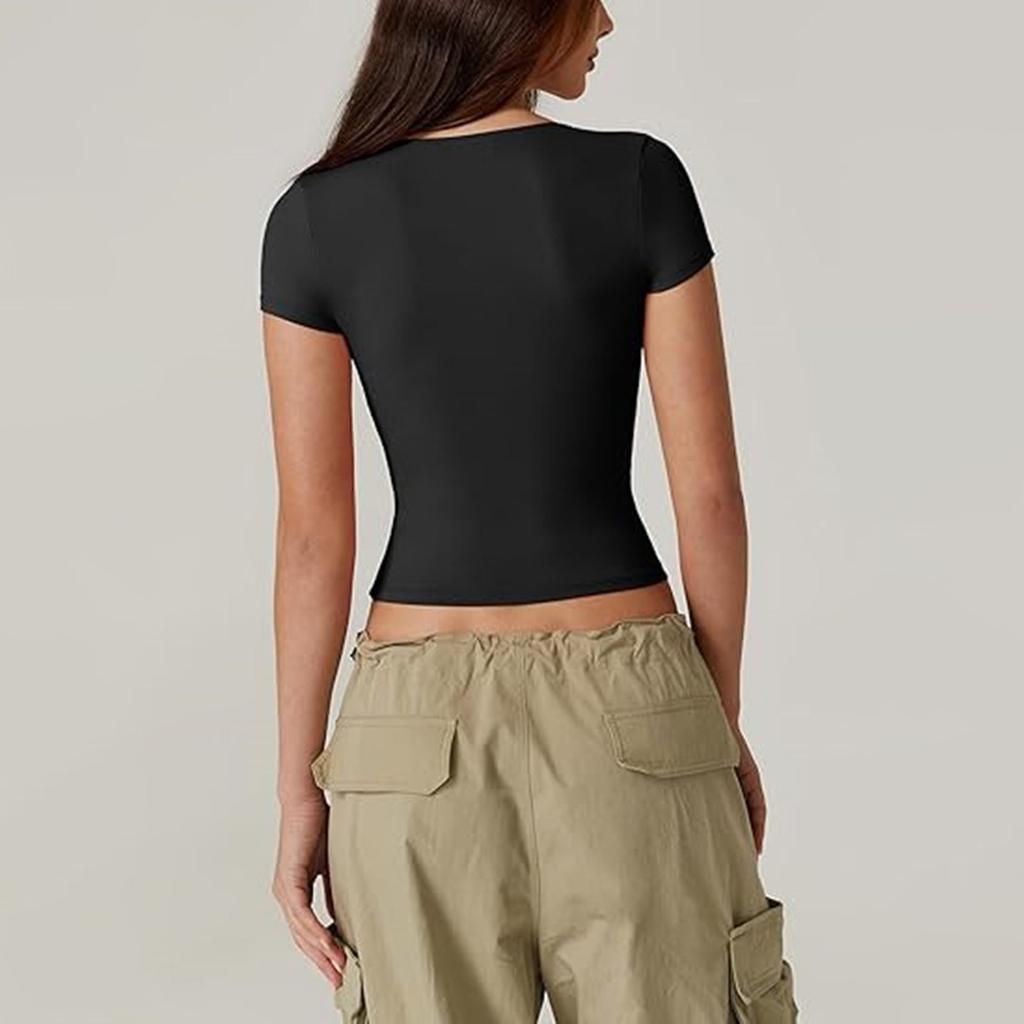 Damen Top Eng anliegendes T-Shirt V-Ausschnitt Top Mit Unten Kurzärmelig Sexy Solor Top T-Shirt