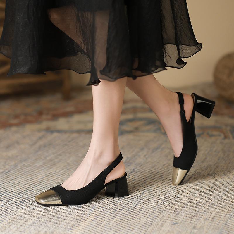 9-Baotou rear empty sandals women's medium heel new summer thick heel small gold head single shoes