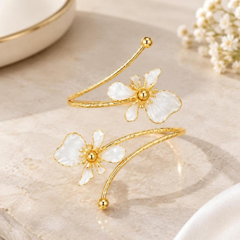 Openwork Upper Arm Cuff with Two Irregular Flowers, Intersecting Gold-Tone Bands, Rounded Ball Ends, and Clasp-Free Wear