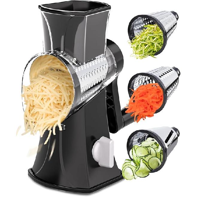 Rotary Cheese Grater Hand Crank, Cheese Shredder/Slicer/Chopper with Large Caliber and Strong Suction Base, 3 Blades for Potatoes/Nuts/Vegetables, Black-1a