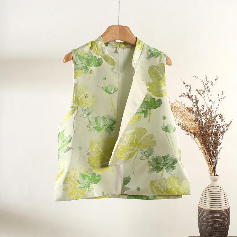 Green lotus brocade jacquard vest women's new product diagonal placket stand-up collar temperament sleeveless vest