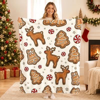 1pc Cute Gingerbread Reindeer Christmas Cookies Pattern Single-Sided Printed Flannel Throw Blanket- Super Cozy Plush Fleece Machin