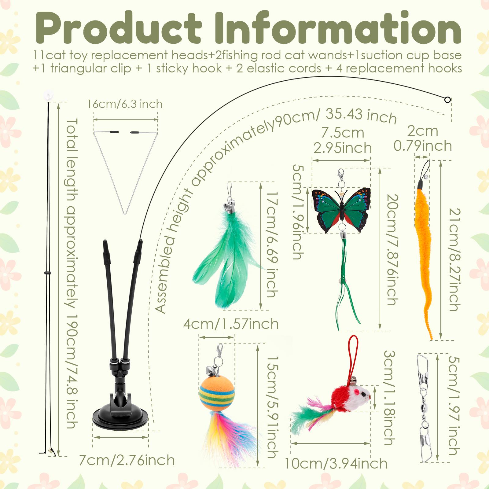 Interactive Cat Feather Toy Indoor Cat Teaser Stick with 2 Wand 11 Feather Toy Suction Cup and 2 Type Of Door Hanging Cat String
