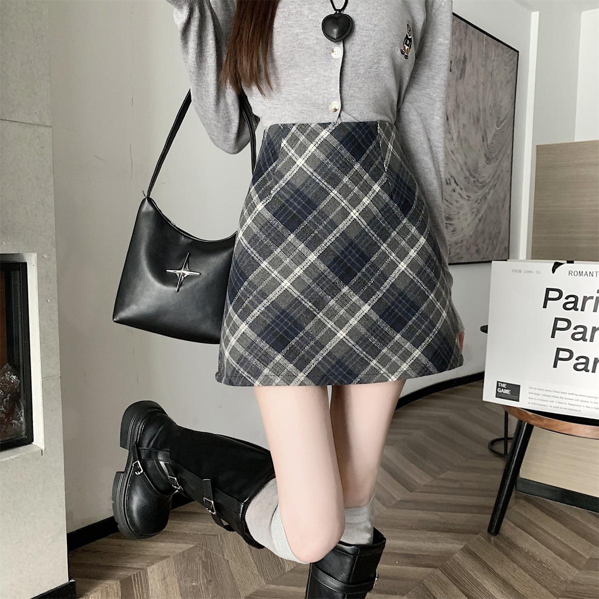 

Women s Plus Size Black and Blue Wool Plaid A-line Skirt - Spring/Autumn Bodycon Design 3XL (approx. 139-150 jin)