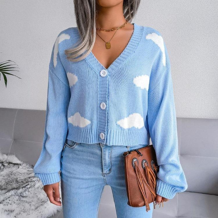 Women Autumn Winter Knitted Cardigan Long Sleeve V Neck Printed Single Breasted Sweater