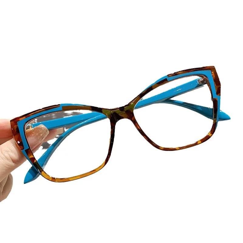 Elegant Color Changing Cat Eye Glasses Anti Blue Light with Fashionable Color Block Design Flat Lens for Women