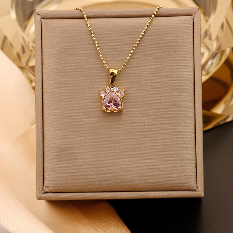 18K Gold-Plated Titanium Cat Paw Pendant Necklace with Colorful Zircon Hearts for Women