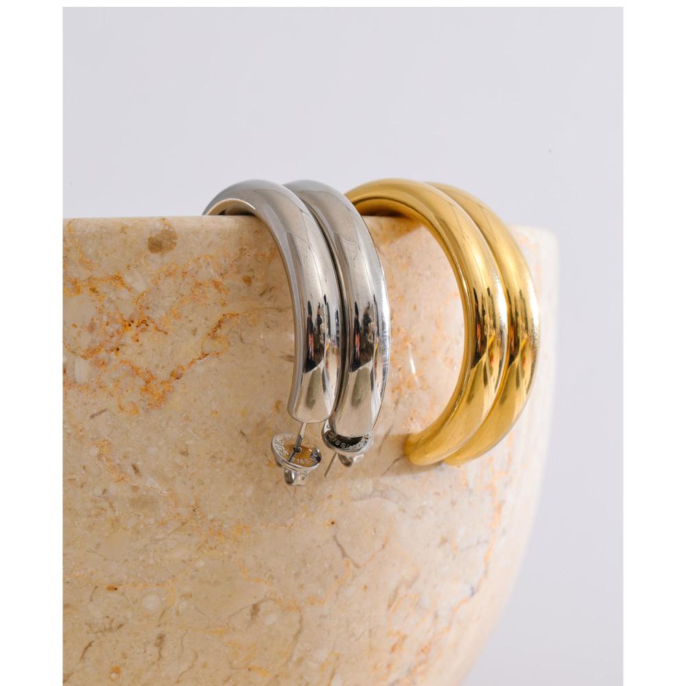 Yhpup 40mm Anti-allergy Stainless Steel C Shape Round Daily Metal Shiny Hoop Earrings Minimalist High Quality Waterproof Jewelry