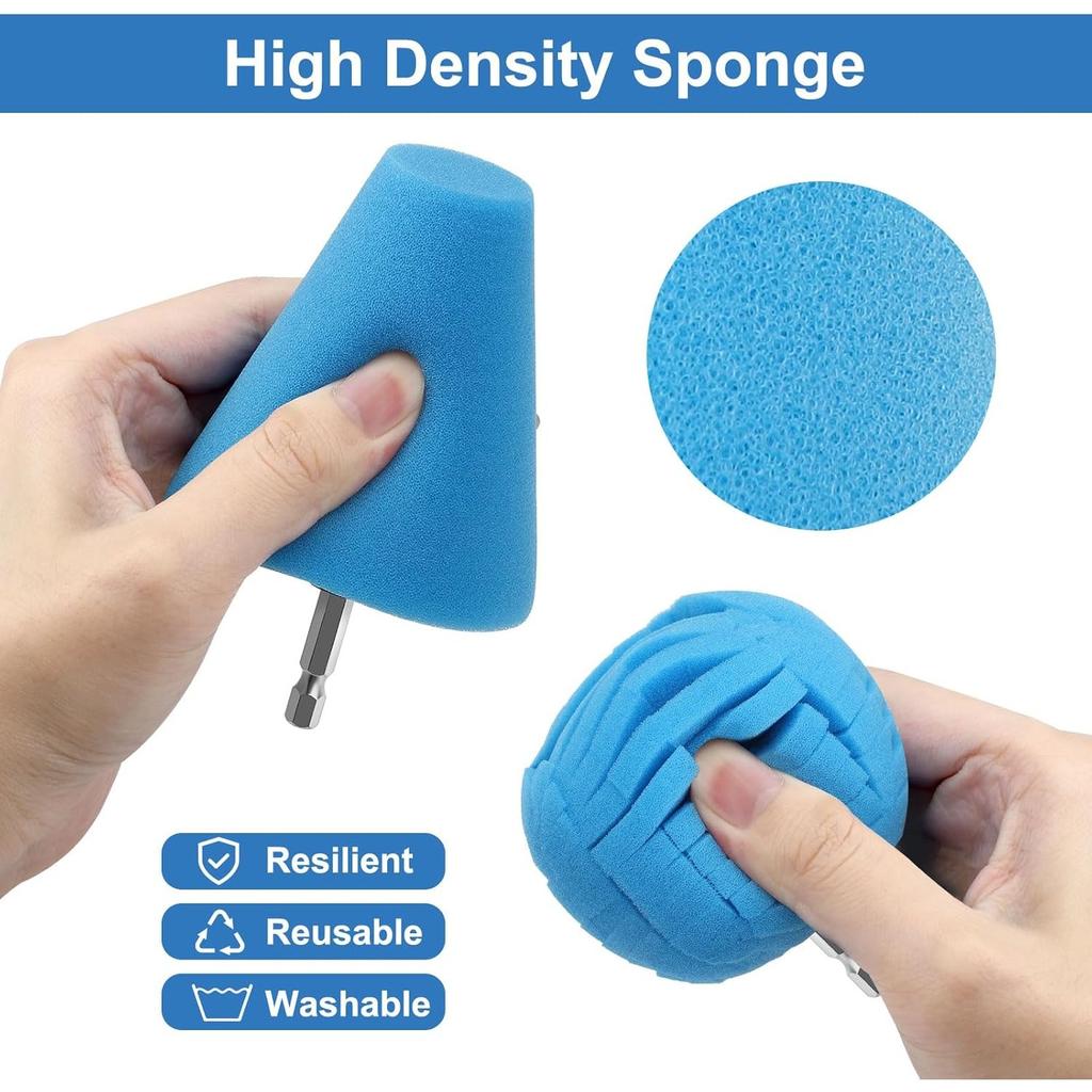 7Pcs Drill Polishing Cone & Ball Sponge Set, Foam Buffing Pads with Extension Holder & Brush, 1/4" Hex Shank for Electric Drill, Car Wheel Hub Rim