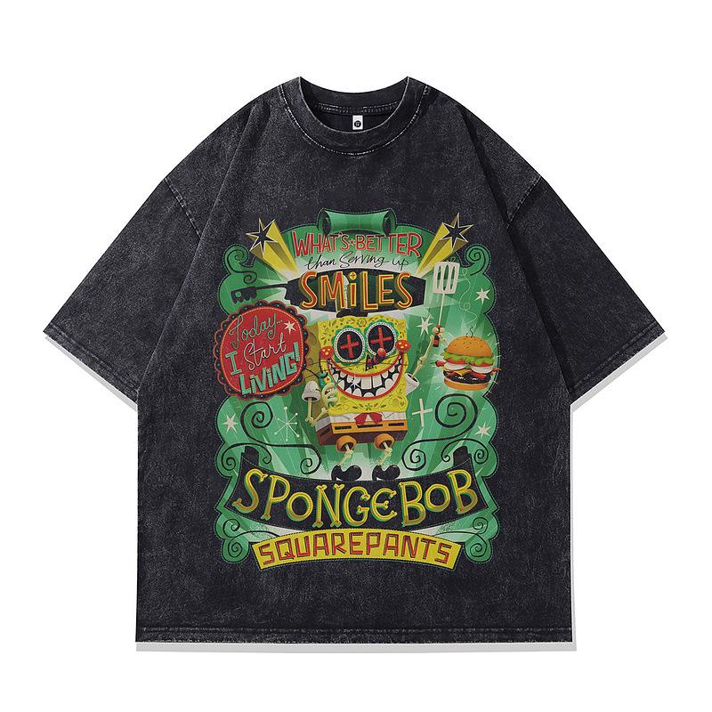 American Street Washed Retro Old Short-Sleeved T-Shirt Couple Fun Cartoon Printed Heavy Cotton Top S