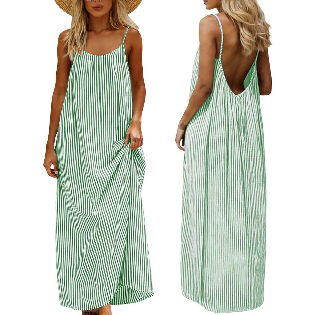 Women's Summer Cotton Linen-like Striped Maxi Dress Sleeveless Spaghetti Strap Backless Loose Casual Beach Sundress for Vacation Daily Wear