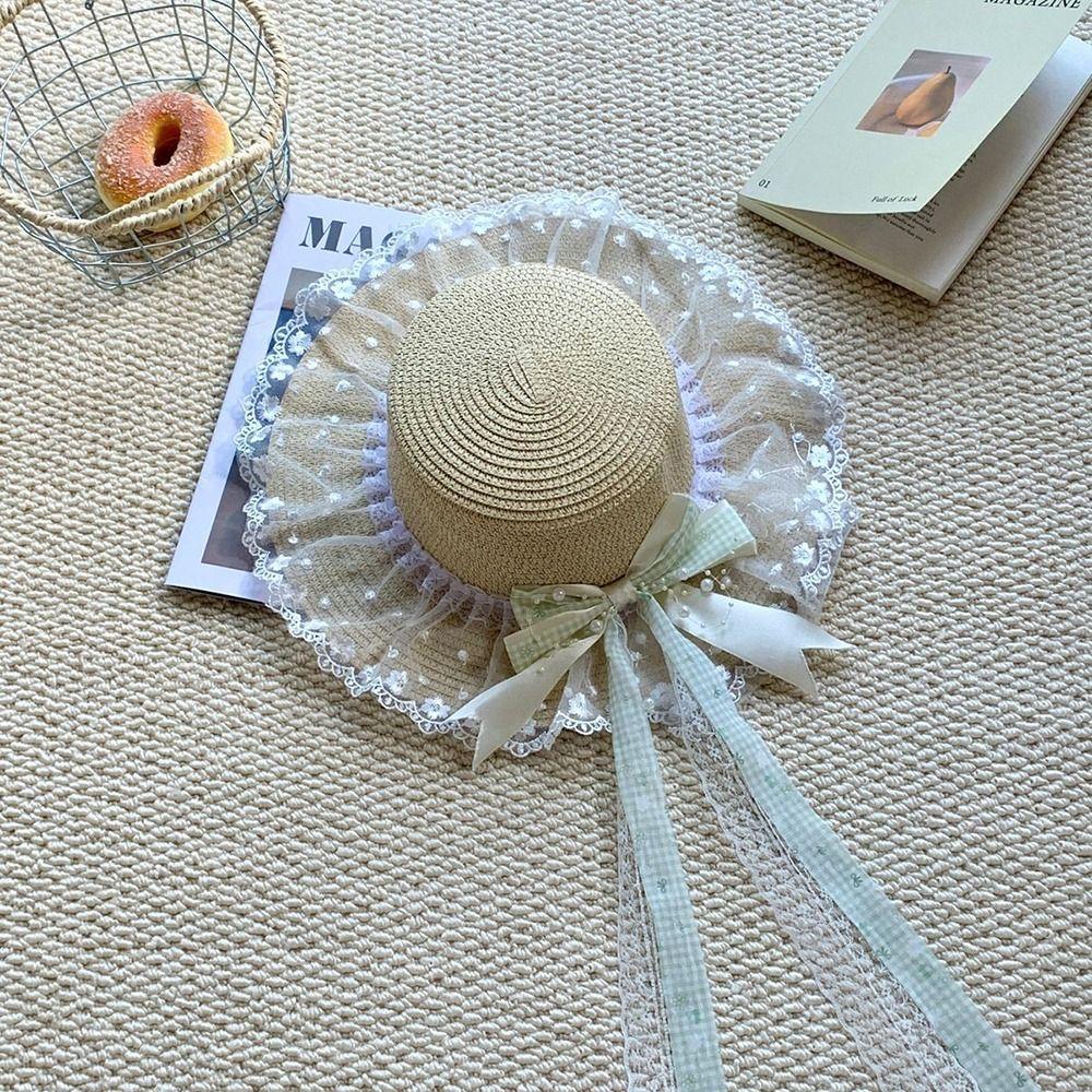 Flower Straw Hat Big Bowknot Wide Brim Hat Lolita Sun Protection Hat  Seaside Vacation