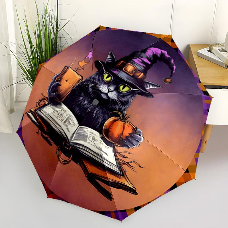 

1pc Halloween Cat Automatic Umbrella - Stylish, Durable, with 8-Rib Manual Open Design, Elegant Black Handleyy250920185