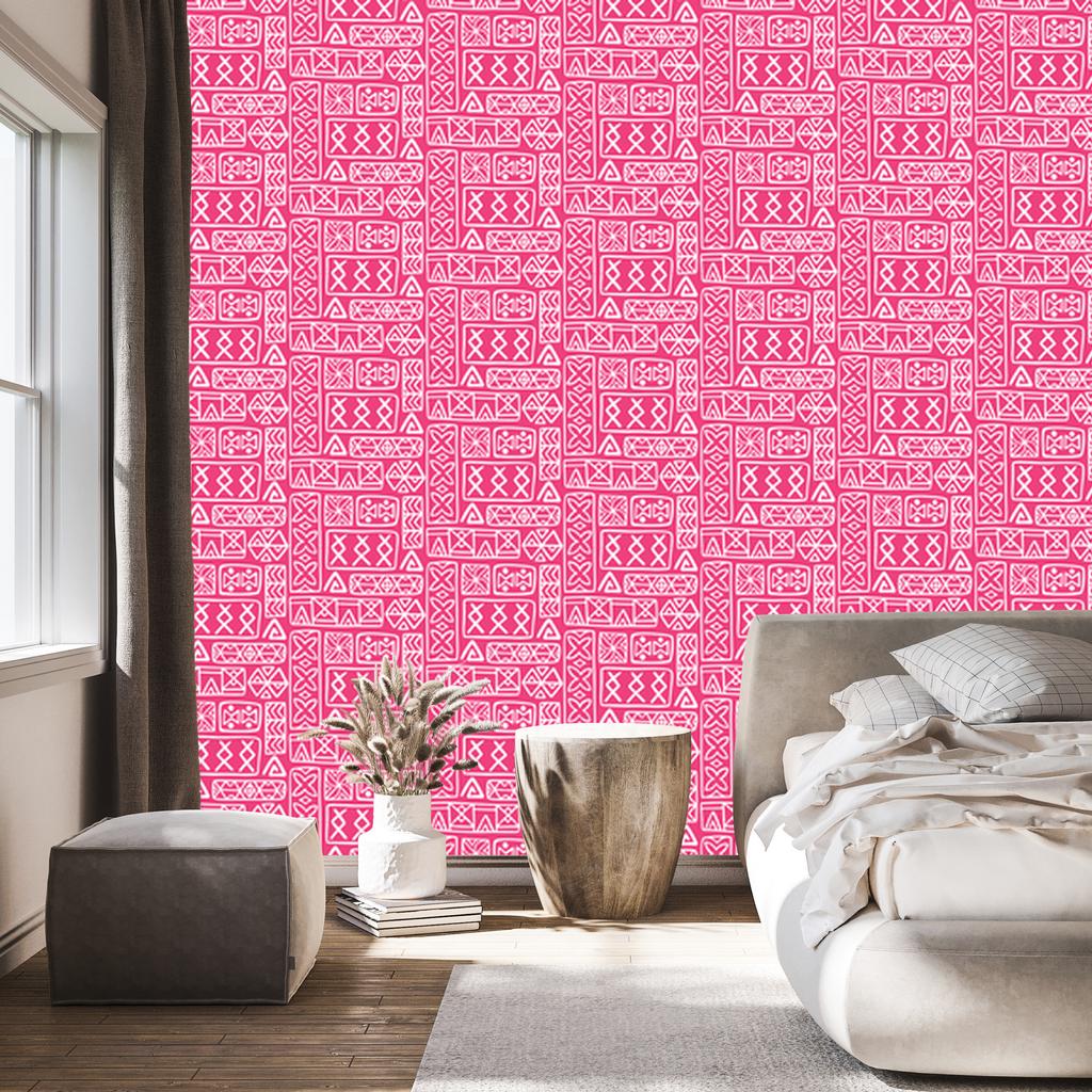 Polynesian Geometric Pattern Wallpaper Powder Pink and Rose 50x1000