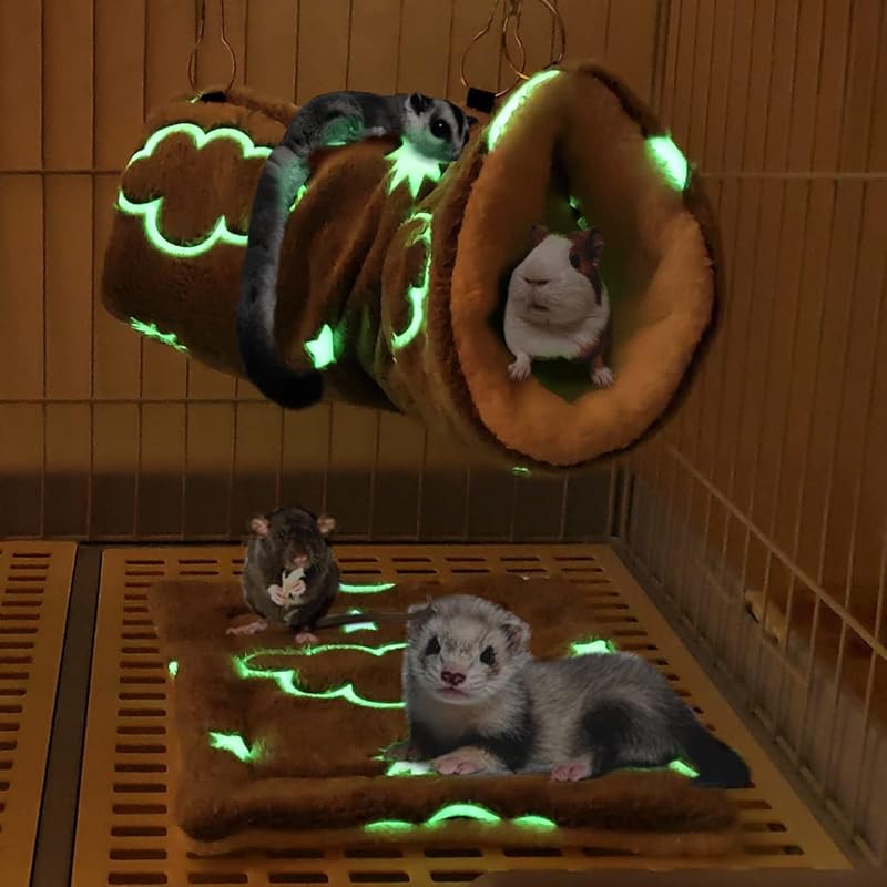 LEFTSTARER Noctilucent Luminous Guinea Pig Rat Hammock Bunkbed Hanging Tunnel and Soft Bed Mat for Ferret Hedgehog Squirrel Hideout Cage Accessories