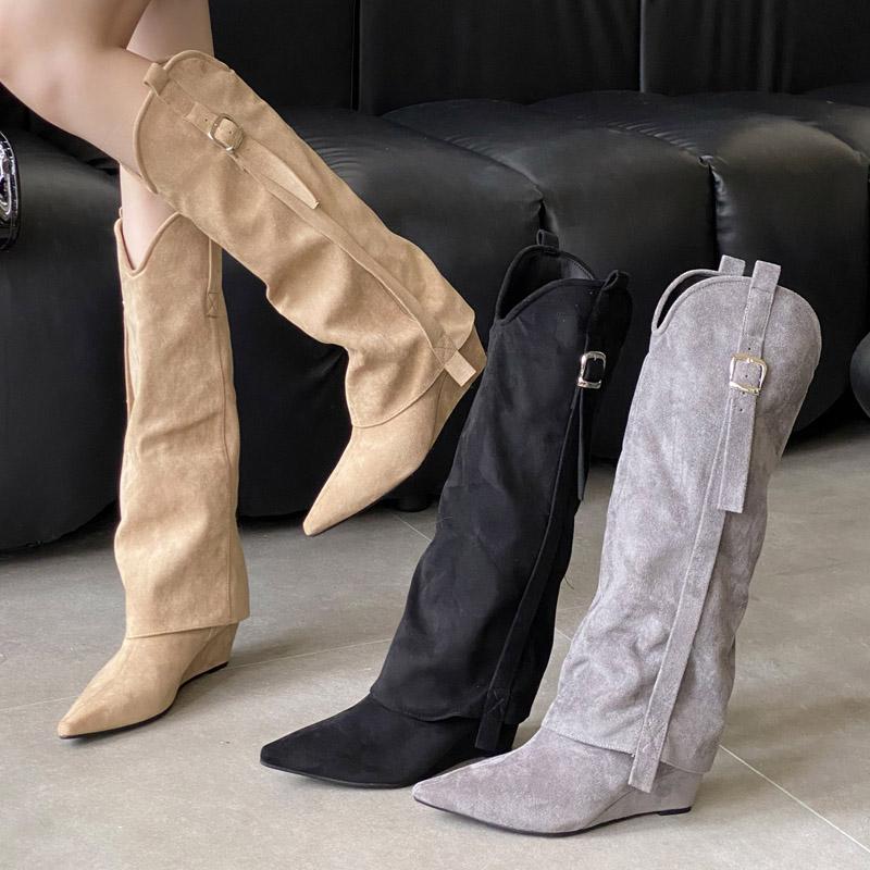 Fashion Strap Buckle Wedges High Heels Woman Knee-High Boots Punk Style Pointed Toe Party Dress Female Shoes
