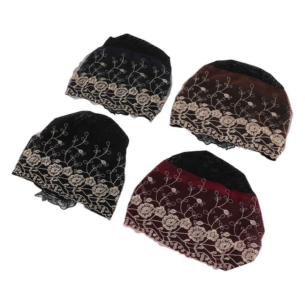 4 Pcs Women Muslim Inner Hijab Cap Black Wine Red Navy Blue Coffee Color Lace Cotton Embroidered Und