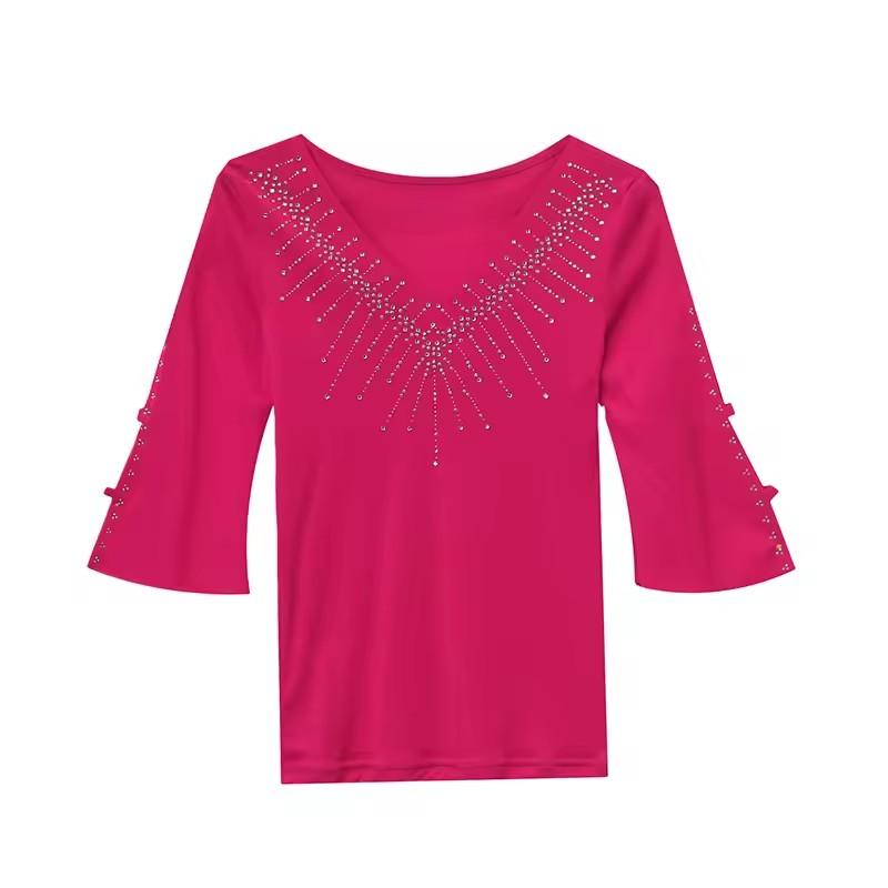 Sommer Kurzarm Damen T-Shirt Sexy V-Ausschnitt Glänzende Heiße Diamanten Oberteile Elegantes Mädchen Slim Mesh T-Shirts