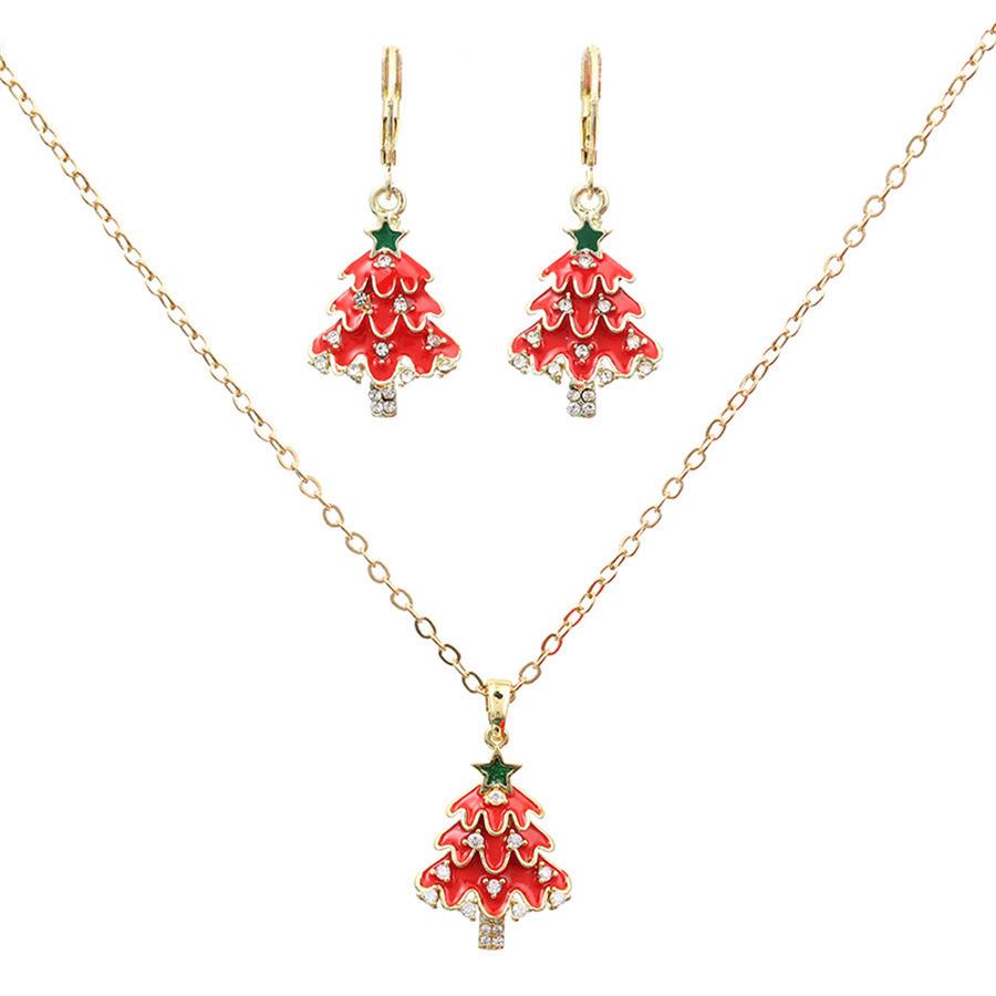 European & American Christmas Jewelry Set: Diamond Stud Earrings & Christmas Tree Necklace