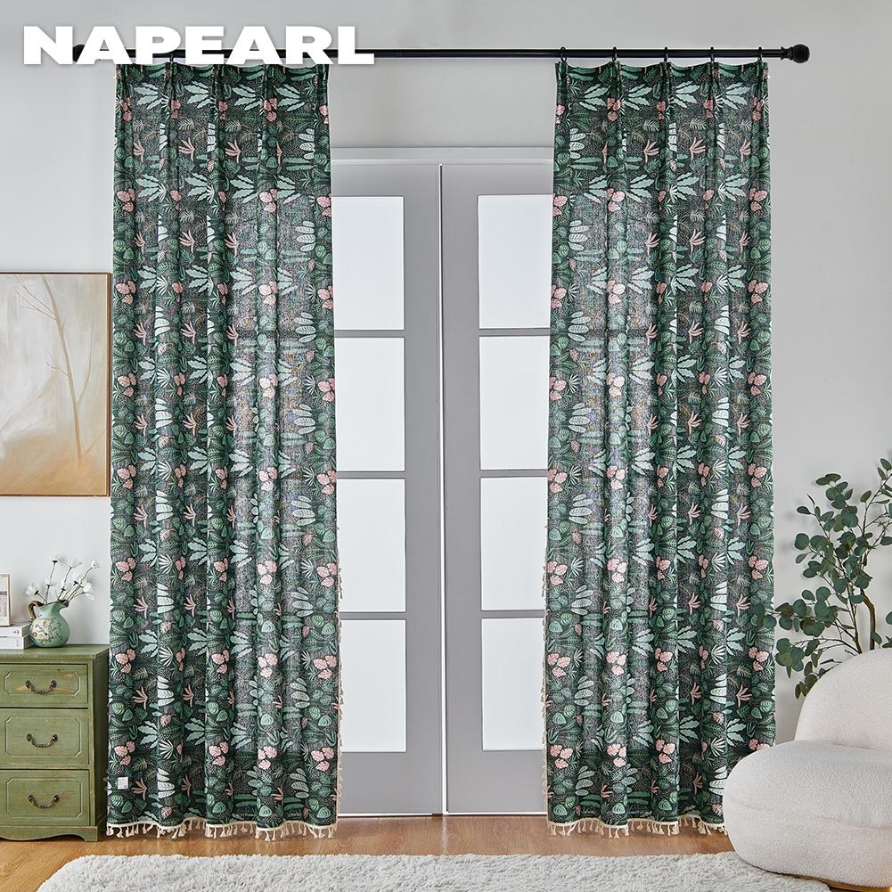1PC NAPEARL Semi Blackout Curtain with Green Water Grass Pattern and Flowing Edge Curtain for Small Window Kitchen Bedroom Living Room Home Decor