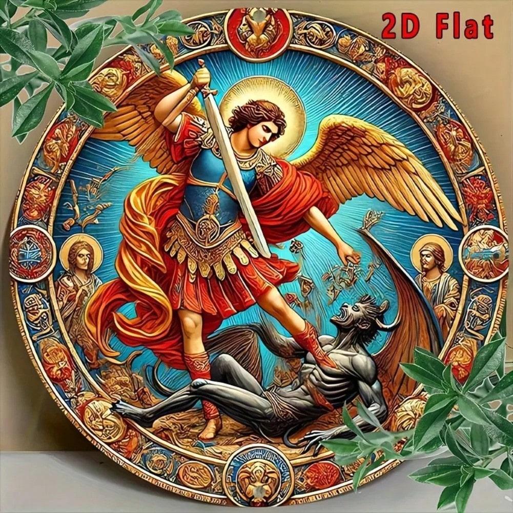 

Vintage Round Archangel Michael Defeats Demon Metal Wall Art Aluminum Tin Sign 8x8 Inch 20x20 різнокольоровий