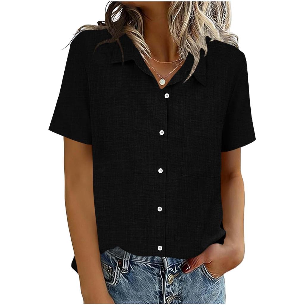 Women's Fashion  Color Standing Collar Short Sleeve Button-Up Shirt T-Shirt Top
