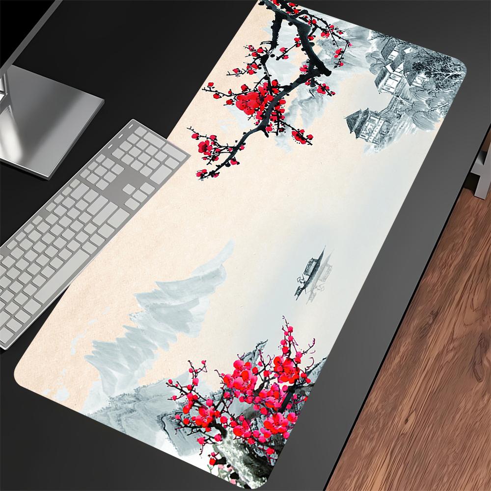 Extended Deskmat Large Black and White Cherry Blossom Game Mouse Pad Lock Edge Keyboard Mat Sakura Nonslip Rubber Mousepad