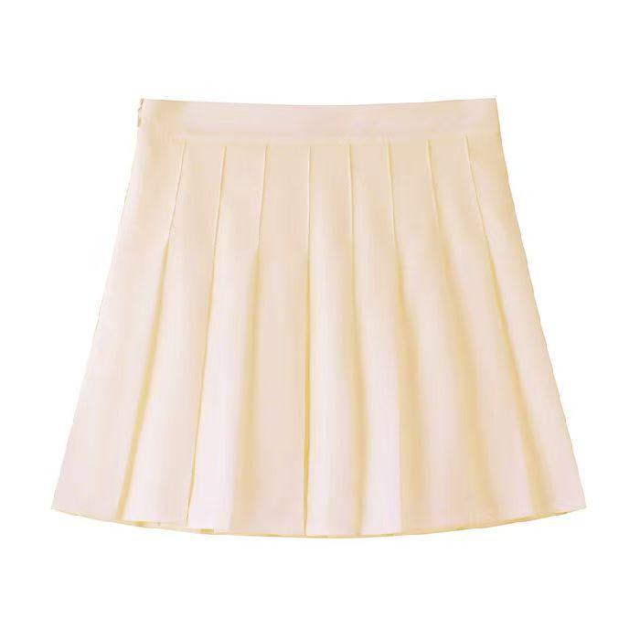 Women's Khaki Pleated A-Line Skirt - High Waist, Plus Size, School Style, Slim Fit, Autumn/Winter, Short Length.