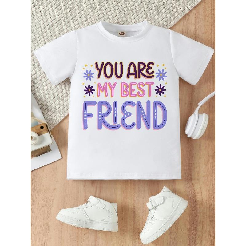 

European sizes YOU ARE MY BEST FRIEND Print Soft Crew Neck Short-Sleeve T-Shirt, Fireworks Pattern, Suitable for Daily Wear or Going Out 164cm білий