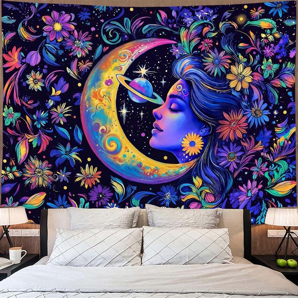Accnicc Sun and Moon Tapestry for Bedroom Hippie Boho Floral Flower Plant Wall Tapestry Aesthetic Vintage Galaxy Celestial Star