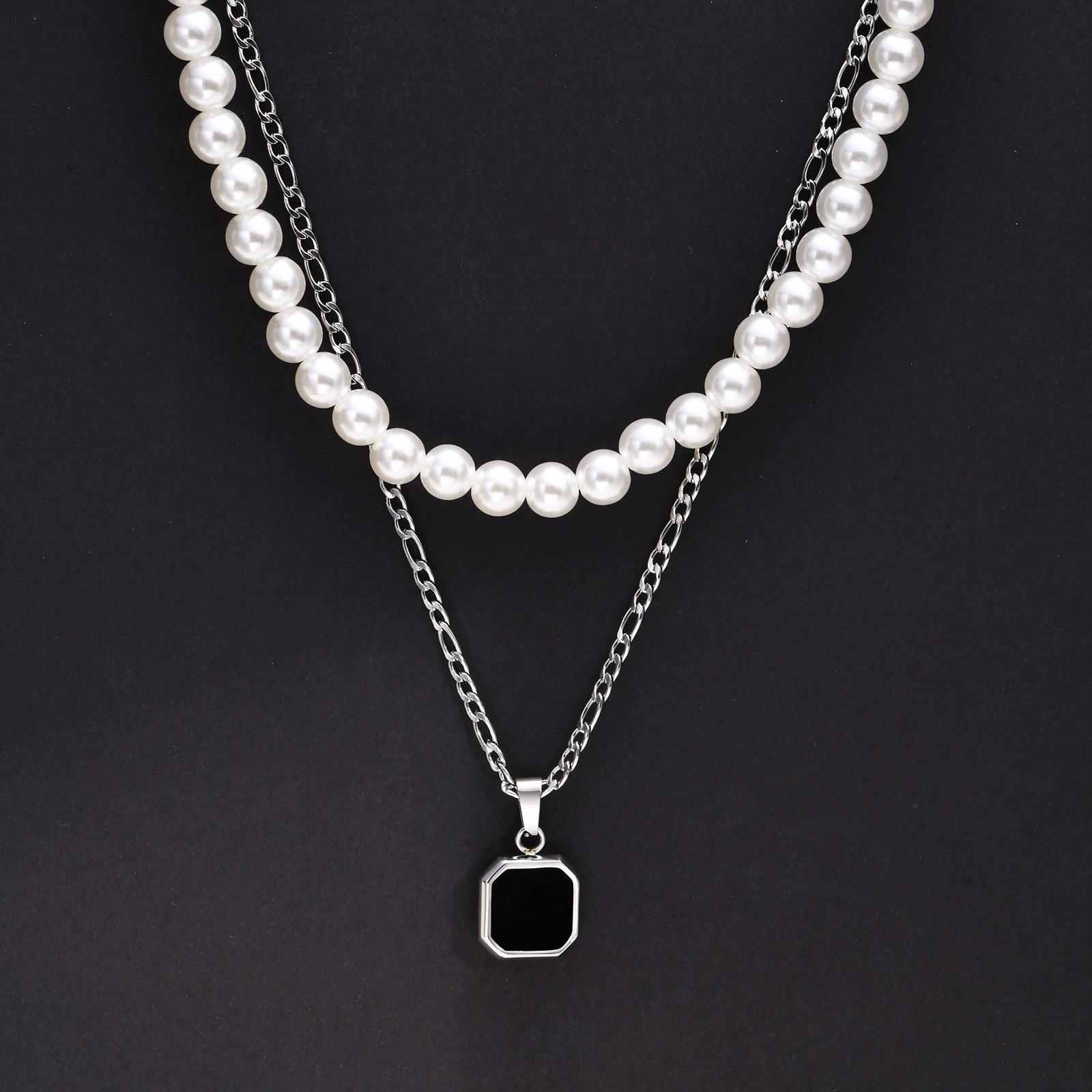 Vnox 2er Halsketten-Set für Herren, Geometrischer quadratischer Anhänger mit 55 cm Seil-, Kasten-, kubanischer Kette, Kette mit simulierten Perlen, Stahl-Collier white