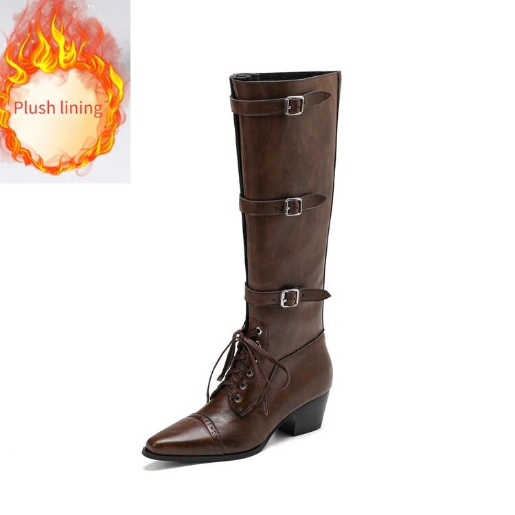 Fashion New Cowhide Cross Tie Straps Belt Buckle Knee High Boots Women Sexy Hot Girl Pole Dance 5.5cm High-heeled Knight Boots Size 40