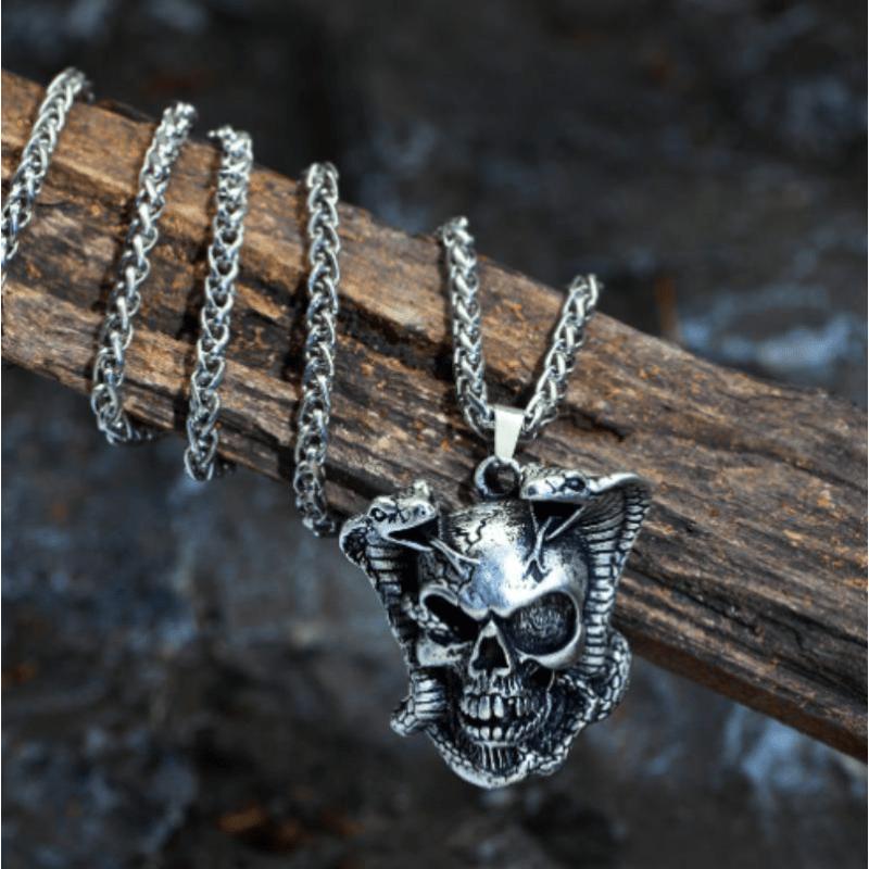 New High Quality Punk Men's Skull Pendant Double Snake Jewelry Necklace