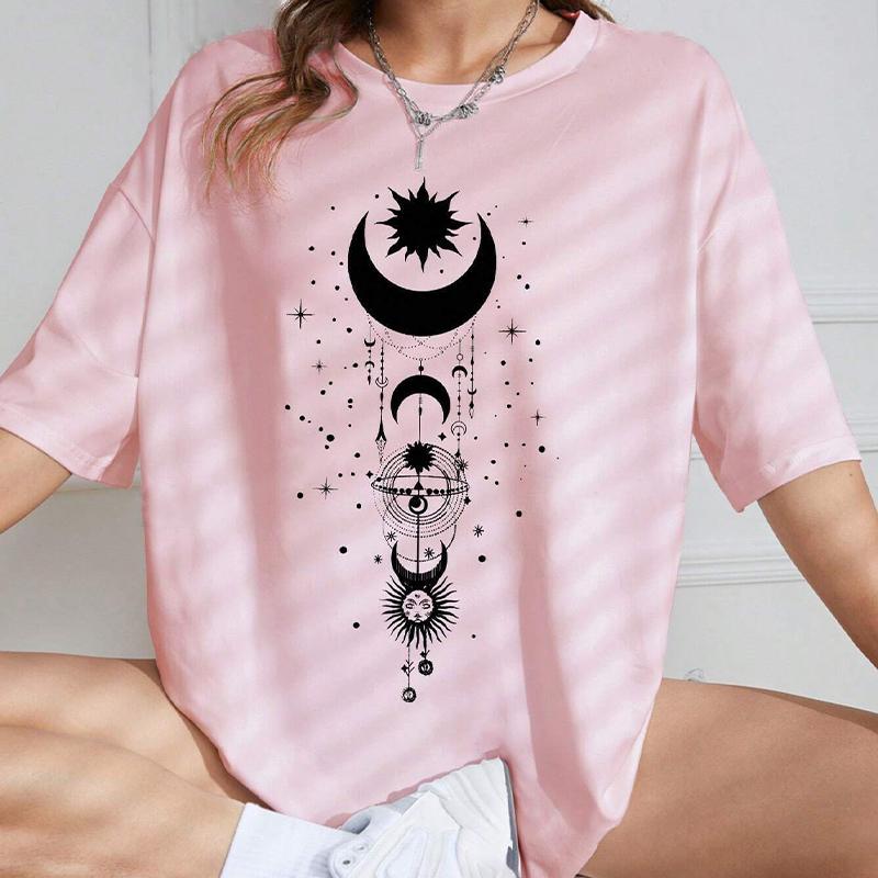 Fashion Women Creative Moon Stars Sun Print T Shirt Funny Casual O-neck Short Sleeves T-shirt Summer Female Tee Shirt