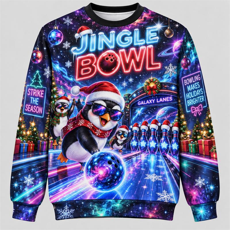 Christmas Bowling Unisex Sweatshirt Santa Snowman Reindeer Gingerbread Gnome Crewneck Xmas Pullover Holiday Sports Party Gift Fun Top