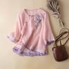 Ethnic Style Plate Buckle Embroidered Five-point Sleeve  Shirt Oblique Placket Ladies Shirt
