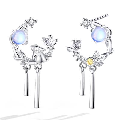 Ohrringe für Kaninchen Platin 925 Metall Allergie Glück beliebte White Day Accessoires "Silver Thunder" Frauen, schwankend, süß, Creolen, Mondstein, Mond,
