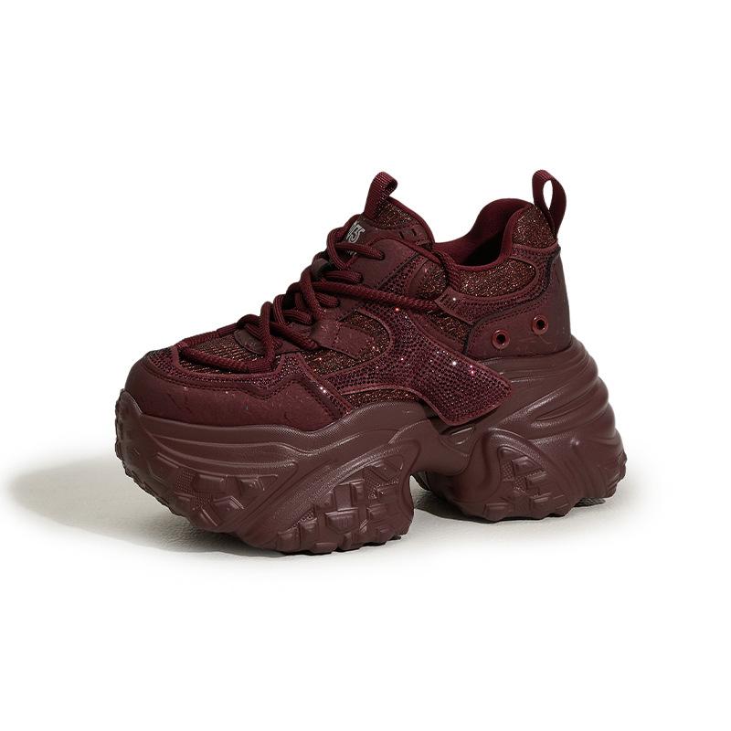 Red Dad Shoes Women's 2025 Autumn and Winter New Small Casual Shoes Versatile Rhinestone Thick-soled Inner Height-increasing Women's Shoes