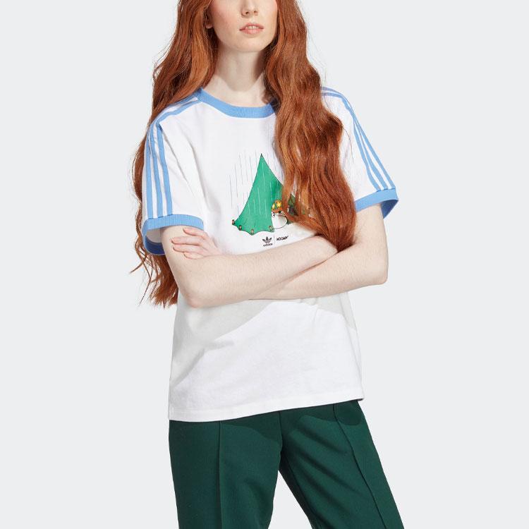 Adidas Originals X Moomin Kollaboration 3-Streifen T-Shirt mit Cartoon-Print Damen Oberteile Weiß IB9938