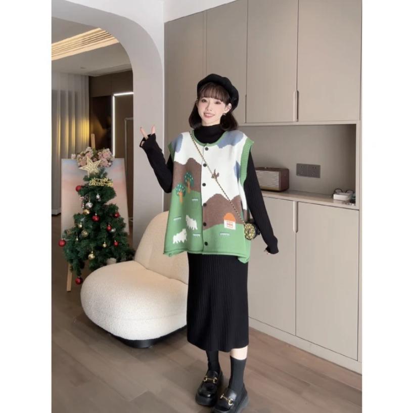 Autumn Winter Jacquard Knit Cardigan Vest Women Oversized Sleeveless Sweater Coat