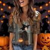 Women's Fashion Short Sleeve V Neck Halloween Print Tunic Top for Casual Wear