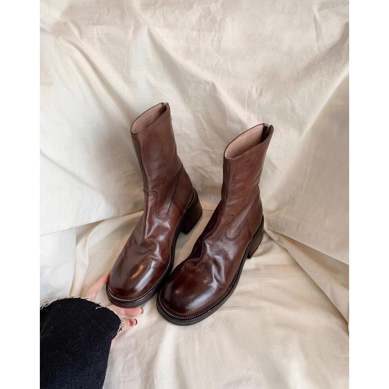 Shoes Retro Leather Square Head Rear Zipper Thick Heel Thin Boots Women's Short Boots Autumn and Winter
