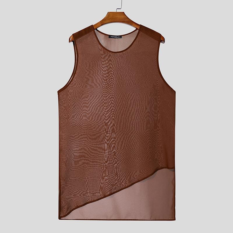 INCERUN Men O Neck Sleeveless See Through Irregular Mesh Sheer Long Tank Tops